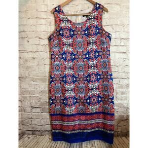 DN Design Midi Dress Womens‎ 16 Pink & Cobalt Medallion Print Sheath Plus Lined